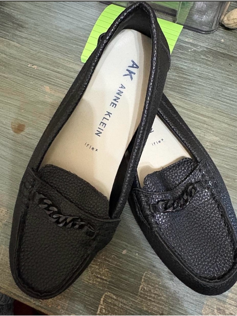 Anne Klein Black Pebbled Leather Chain-Trim Slip-On Loafers